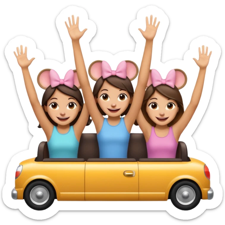quatro chicas montadas en una atraccion de levantando la mano con orejas de dines puestas sticker