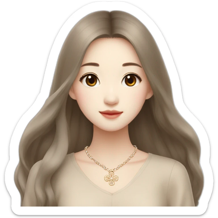 cute long-haired Chinese girl in Muji beige dress with van cleef clover necklace sticker