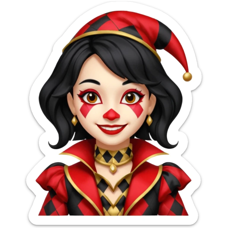 Jester girl, black and red suit, black hair, harley quinn sticker