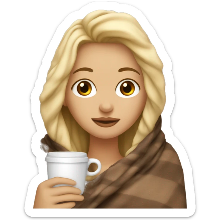 girl inside a blanket sipping coffee eyes closed blonde hair tan skin  sticker