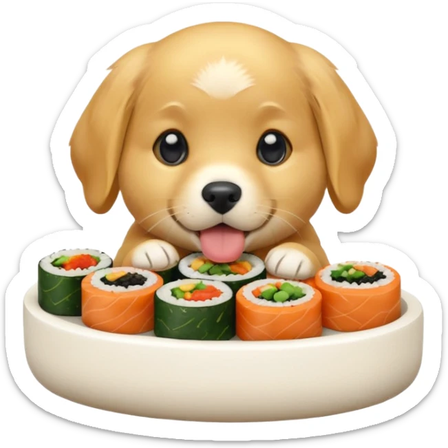 A cute golden retriever puppy eating gimbap in iPhone emoji style, soft 3D glossy texture, bright vivid colors, no outlines, centered composition, transparent background. sticker