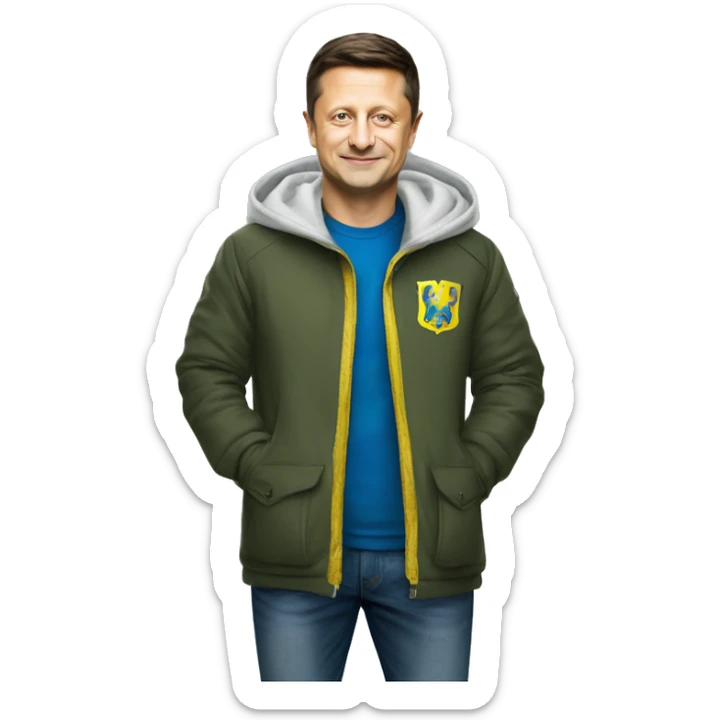 President Volodymyr Zelenskyy in haki tshirt with ukrainian coat of arms sticker