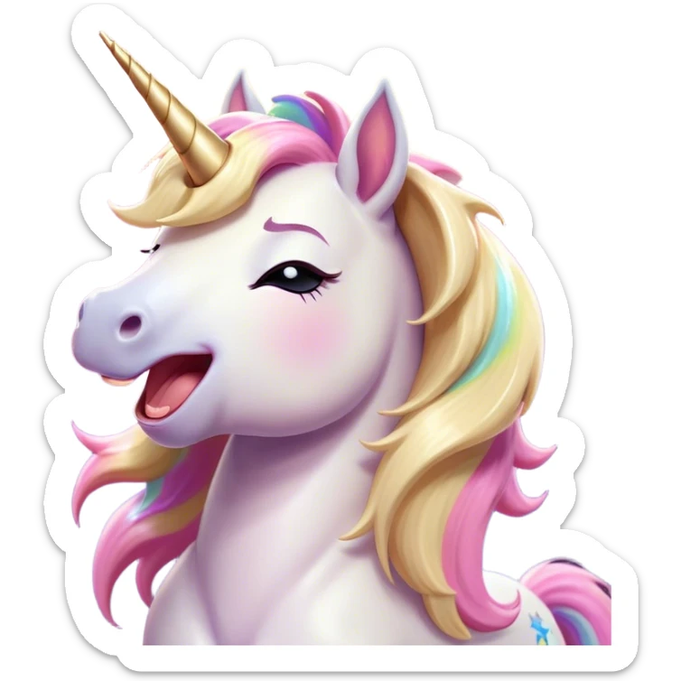 Cinematic Cute Yawning Unicorn Pony Portrait Emoji, Head tilted slightly with a dramatic, wide-open yawn, showcasing a petite, softly glowing form with a gently drooping mane, a subtle, shimmering horn and sleepy, half-closed eyes, Simplified yet irresistibly adorable features, highly detailed, glowing with a soft, cozy pastel glow, high shine, relaxed yet expressive, stylized with a dash of whimsical enchantment, soft glowing outline, capturing the essence of a drowsy yet affectionate unicorn pony that appears ready to stretch and yawn its way off the screen! sticker