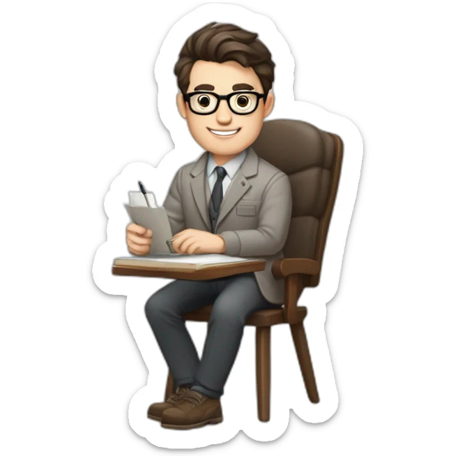 Pale skinned Fit Man With dark brown hair in gray jacket, beige office shirt and vintage glasses sitting In a soft chair with a notebook with emblem Ψ and a pen in his hands sticker