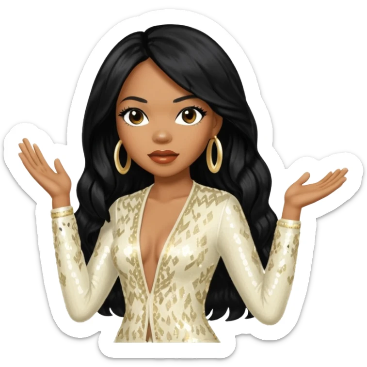 Tenitra Michelle Williams (b.1979), R&B Singer from Destiny's Child with long black hair, ivory sequin outfit, medium dark skin sticker