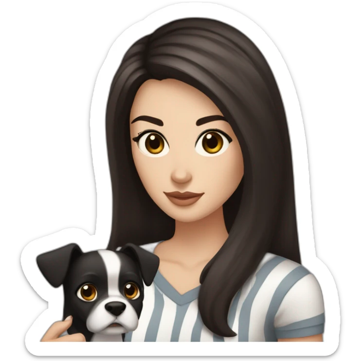 White women with long dark brown hair and long eyelashes dark brown eyes and thick dark brown eyebrows with the black dog with a white stripe on the neck and ears raised up sticker