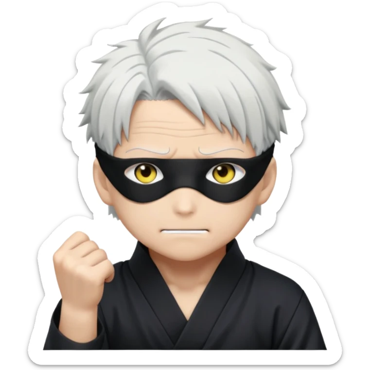 Satoru Gojo from Jujutsu Kaisen, white hair, blindfold, confident smirk, chibi face proportions, energetic expression, close-up face sticker
