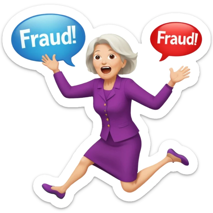 Older Woman jumping screaming and word “fraud” in a bubble sticker