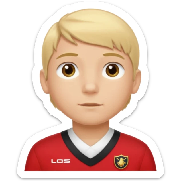 SARI SAÇLI SAÇININ YARISI SOLA DOĞRU DİĞERİNİN SAĞ TARAFTA AMA DÜZ DURAN KAHVERENGİ GÖZLÜ UZUN KİRPİKLİ BUĞDAY RENKLİ KIRMIZI ÜNİFORMALI BİR ERKEK ÇOCUK sticker