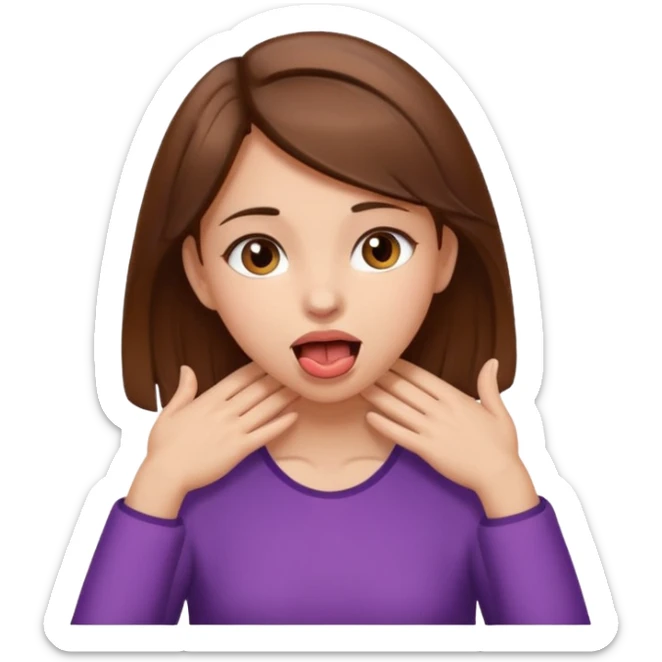 Brown hair girl with brown eyes grabbing her neck with her hands sticking out her tounge sticker