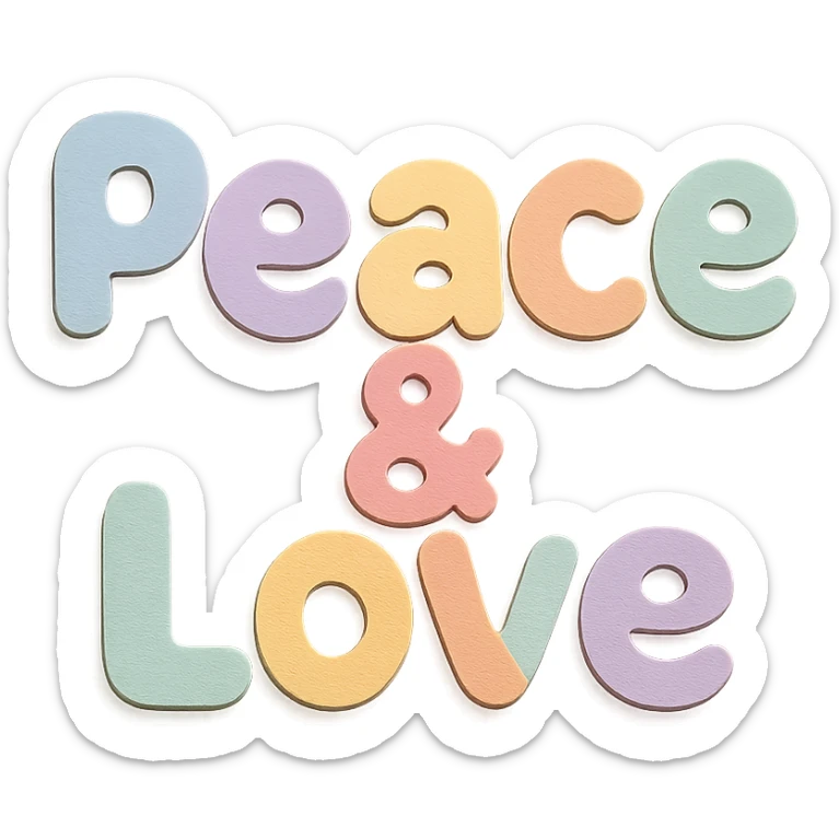 Kawaii cute font "Peace & Love" in soft pastel rainbow rounded bold letters, no border, transparent PNG sticker