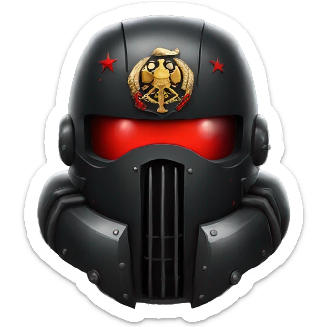 Black Space Marine helmet with red lenses, featuring the Russian coat of arms. sticker