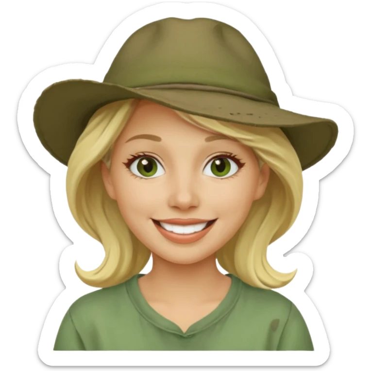messy green full face clay mask and tourist hat blond woman  smiling and clay mask on full face sticker