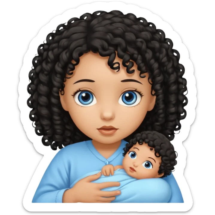 a girl tan newborn baby with black curly hair and blue eyes sticker
