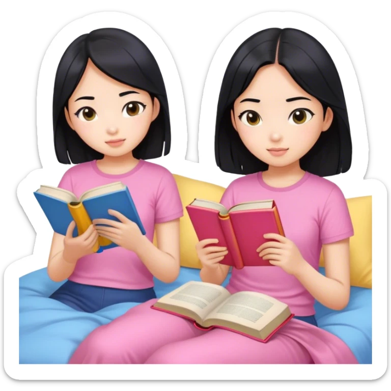 two asian girls black hair on the bed pink and yellow top reading blue books sticker