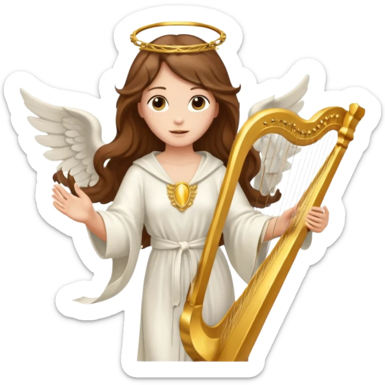 Female angel holding harp with flowing brown hair sticker