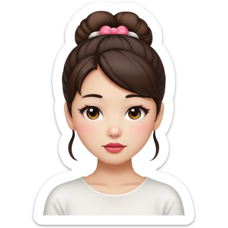 “japanese style Emoji brunette girl hair in bun white top, dewy skin, heavy blush across cheeks and nose bridge, glossy cherry lips, soft eyeliner, teary sparkling eyes sticker