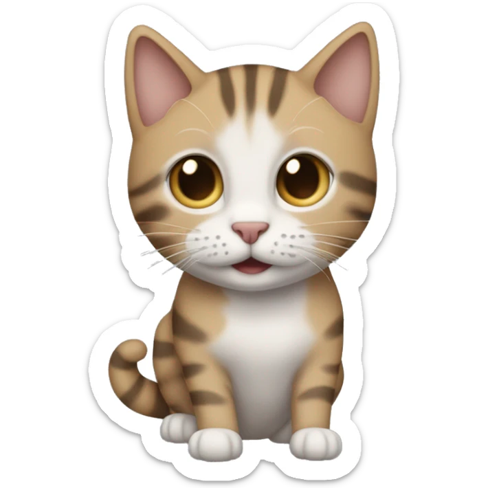  I would like an emoji of a cat with a light brown and gray coat. The cat has a tabby pattern with darker stripes and spots, especially on its legs and tail. The cat’s face has a light-colored snout, a dark nose, and expressive blue eye sticker