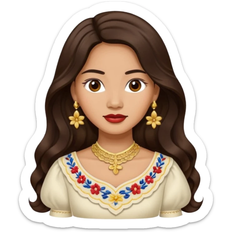 Filipino woman with long dark wavy hair parted in the middle wearing a traditional filipiniana sticker