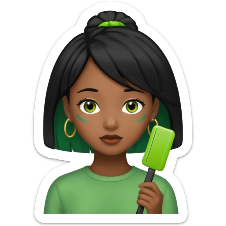 black girl with black hair and green color hairclip sticker