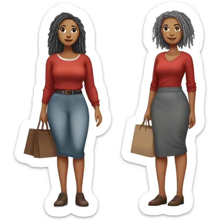 1st Curvy woman gray locs wearing pants  2nd curvy woman is brown with red locs in a knee-length skirt with a cozy sweater shopping sticker
