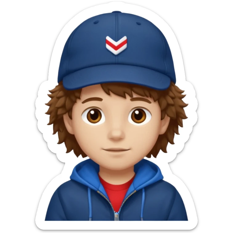 brown fluffy hair kid with blue and white cap dark blue jilet red t shirt sticker