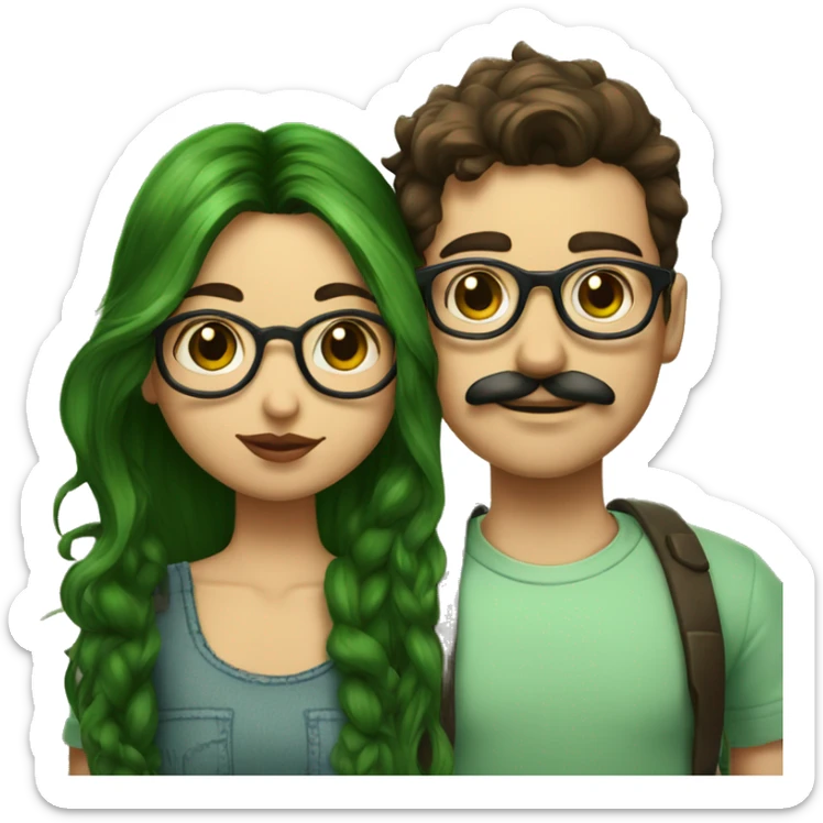 A heavy set boy with brown hair and a mustache is kissing a green haired girl who is thin and wearing glasses both have tattoos sticker