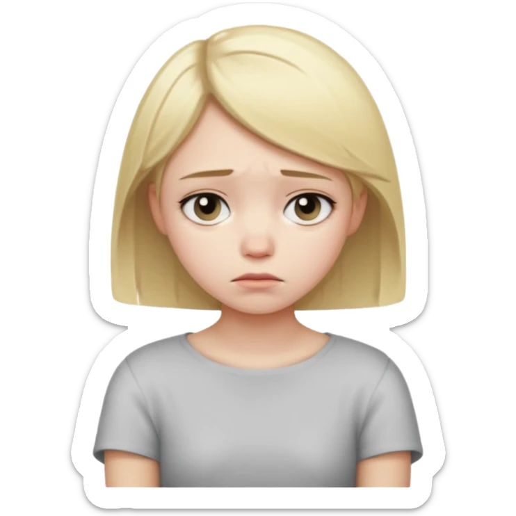 girl with short straight blond hair, looking sad and holding her shoulder sticker
