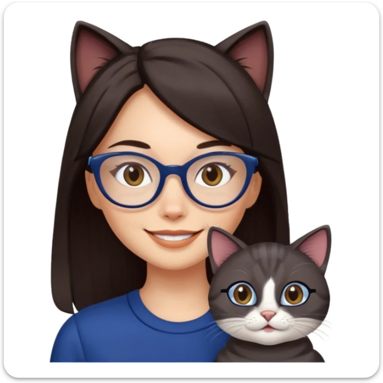Female. Straight long hair and dark brown eyes and hair with cat eye glasses and dark blue out fit sticker
