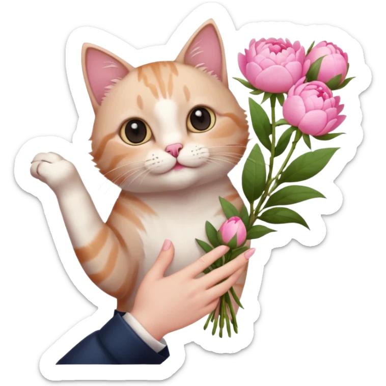 Cute cat Handing pink peonies like reaching a hand and handing them out a bouquet of them with a couquette sticker