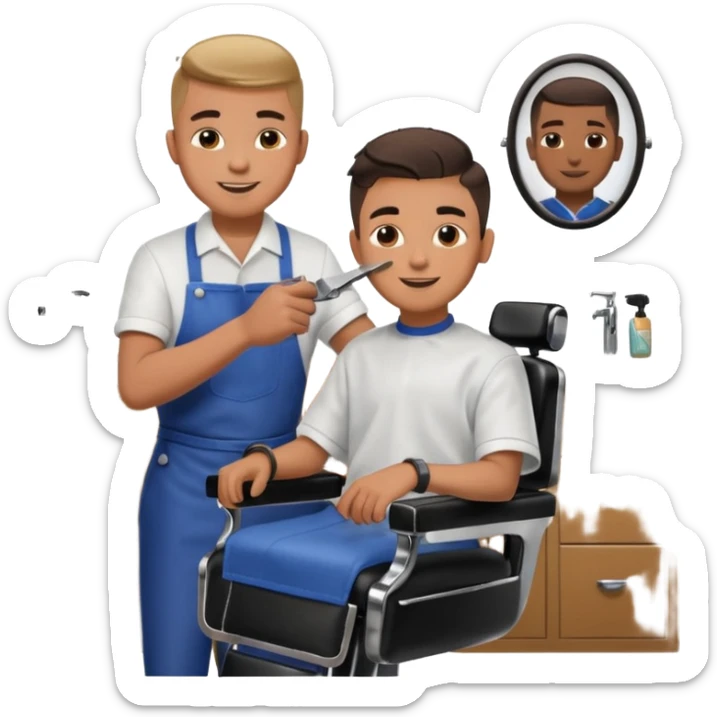 Barber cutting teenage boys hair. Show the boy sat in black barber chair and both having smiles on their faces sticker
