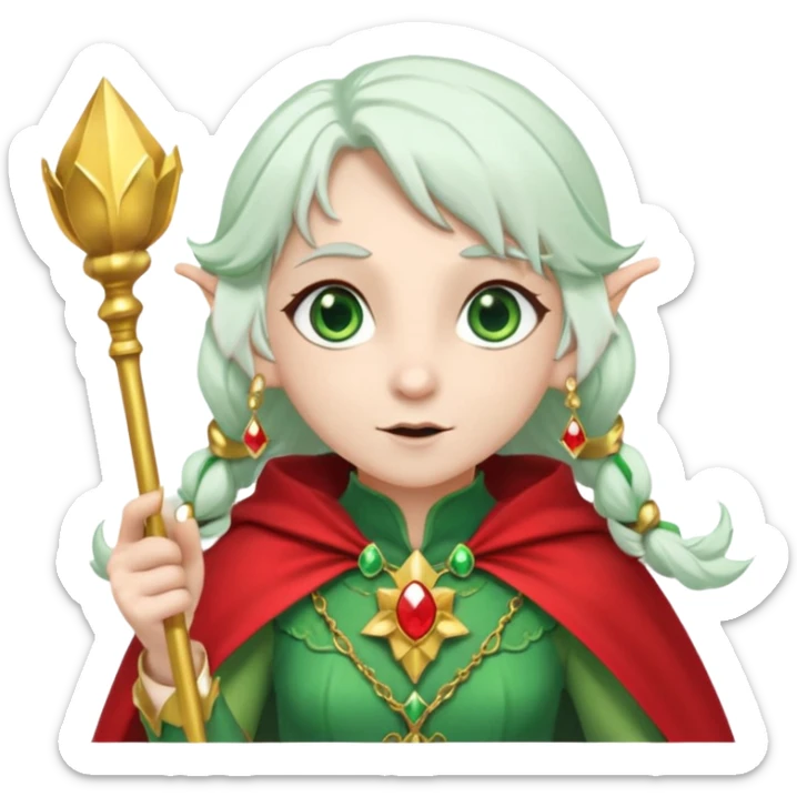 an elf with very white hair and two  pigtails on the side of her head, she has a curtain bang, green eyes, she has a white cape with golden borders and a scepter with a red orb, she has earrings that look like red drops sticker