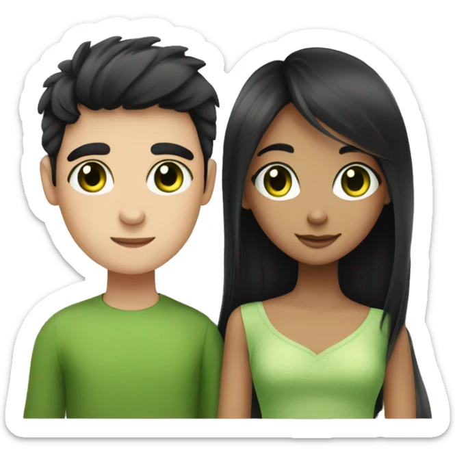 Create an emoji of a black-haired girl with super long eyelashes and a cute boy with green eyes, loving each other sticker