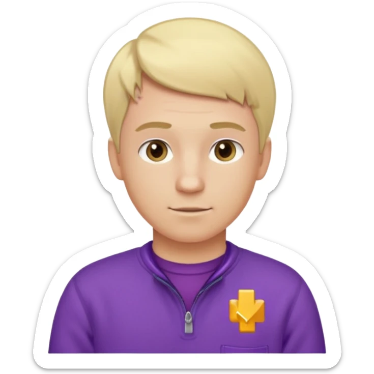 Crea un emoji de un electricista, hombre rubio con pelo corto hacia al lado, sin gafas, con forro polar morada y nombre empresa INDYDES sticker