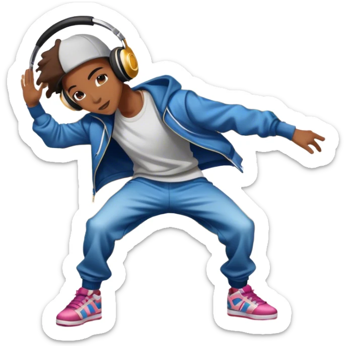 Icon for Street Dance: a dancer in urban streetwear performing a dynamic lower breakdance move, with a spray-painted background, headphones, and a boombox on the asphalt. The icon should capture the energy, style, and creativity of street dance culture. Transparent background. sticker