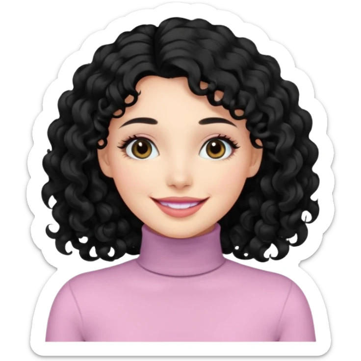 a woman with long sleeve turtle neck top and smile, her hair is long curly and the color is black, her eyes color are black and the color of her lip is soft pink sticker