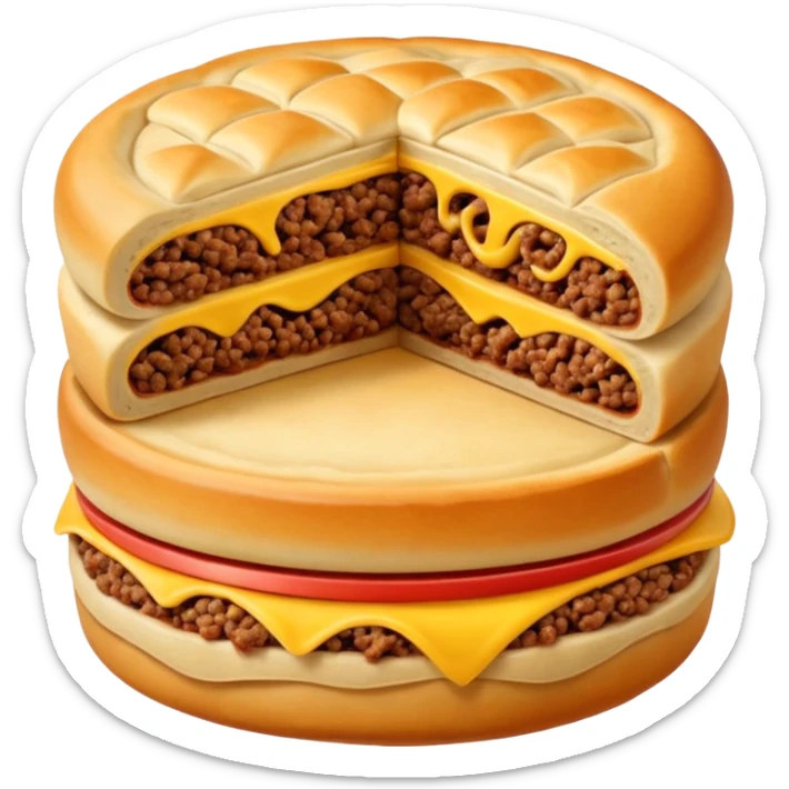 meat esfirra cut in half showing ground beef filling with golden dough, emoji style sticker
