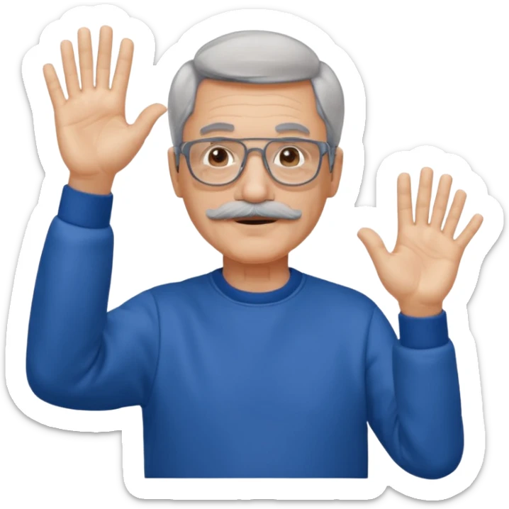 60 yr man partial gray hair parted in center, mustache, light glasses, sweatshirt waving hello sticker