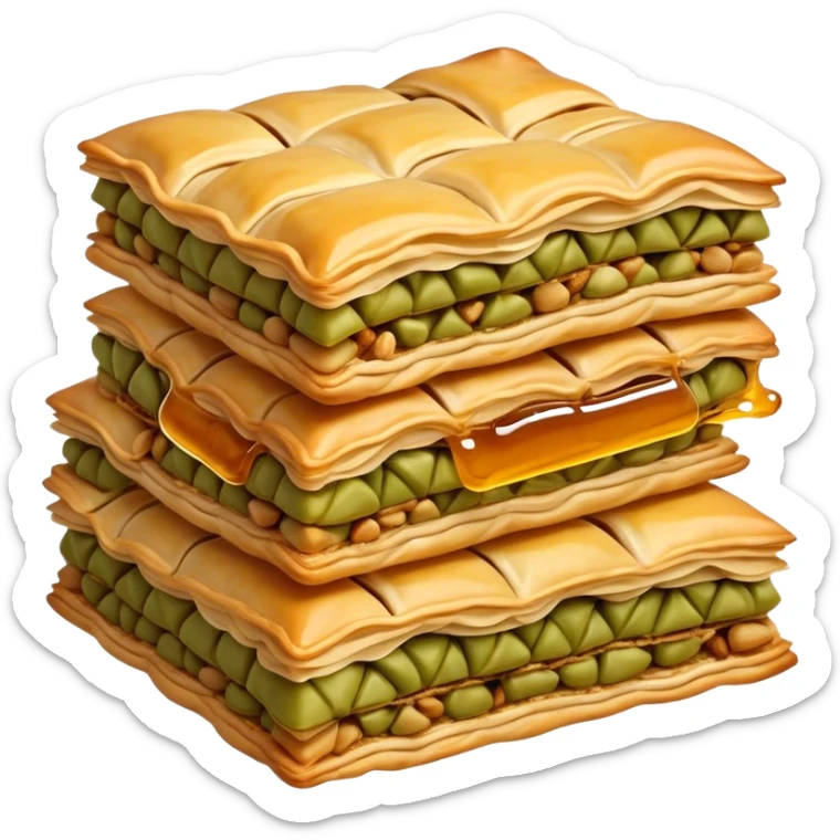 Cinematic Realistic Baklava Dessert Emoji, depicted as layers of flaky pastry with honey and nuts rendered with rich textures and warm, inviting lighting. sticker
