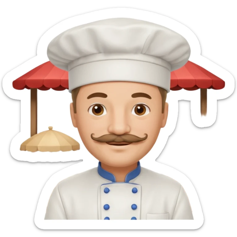 Est-ce que tu peux me faire un chef cuistot qui ressemble à Philippe Etchebest et qui est devant un restaurant? Est-ce que tu peux le faire souriant, avec une moustache de cuistot? 
 sticker