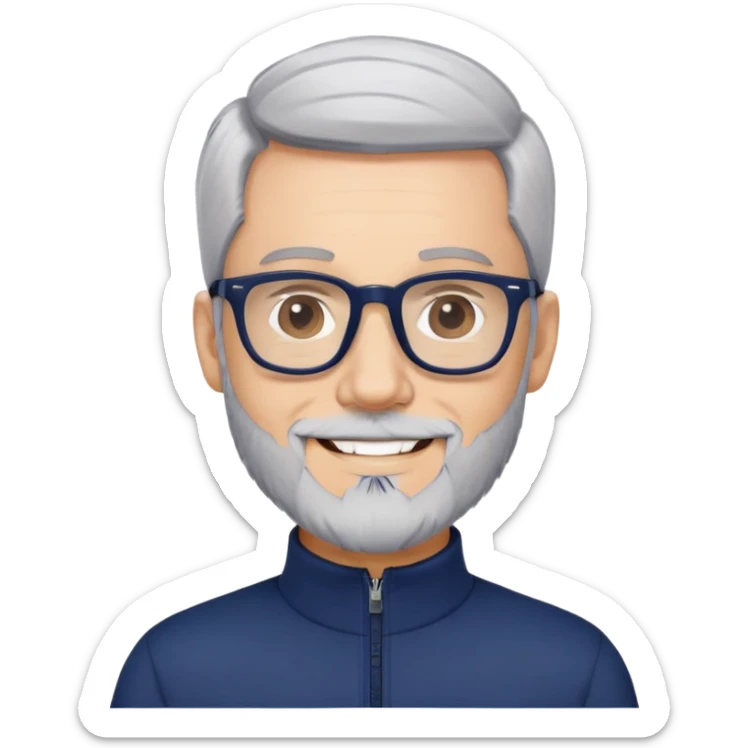 Smiling man with light skin, short black hair, gray beard, black glasses, wearing a navy blue athletic zip-neck long sleeve shirt sticker