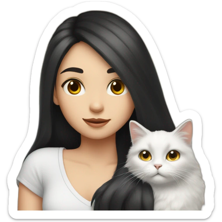 A girl with long dark hair and a white fluffy cat is lying on her left shoulder and neck sticker