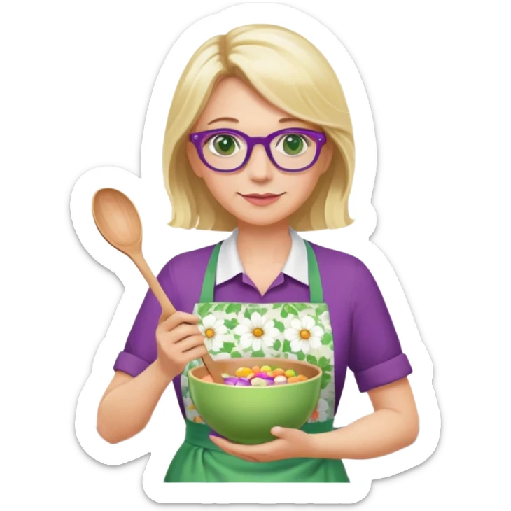 middle aged woman with shoulder length blonde hair, purple glasses, green eyes, wearing a flower apron, holding a bowl in one hand and a mixing spoon in the other sticker
