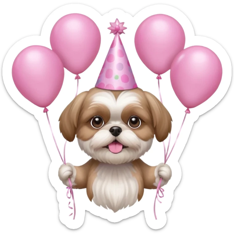 cute shih tzu hold a few cute pink balloons  with pink birthday hat sticker