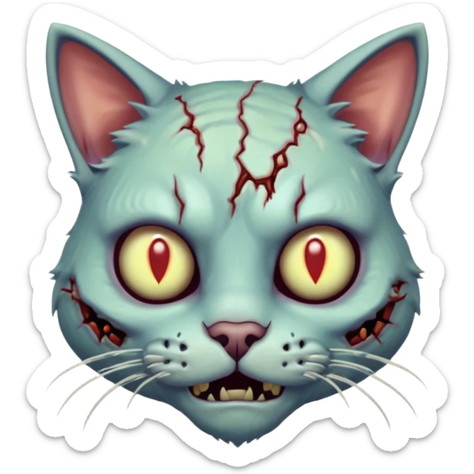 zombie cat portrait, head and shoulders only, pale fur, cracked skin patches, eerie glowing eyes, mischievous undead vibe, 3D cartoon, mobile game icon style, clean background, no text, no watermark
 sticker