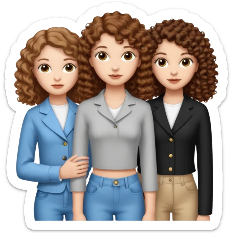 3 white girls, all of off this with brown hair but one whit straight one whit curly and one whit very curly(aesthetic)and chic clothes y2k, this girl have around 14 years, remember one girl does have straight hair  sticker
