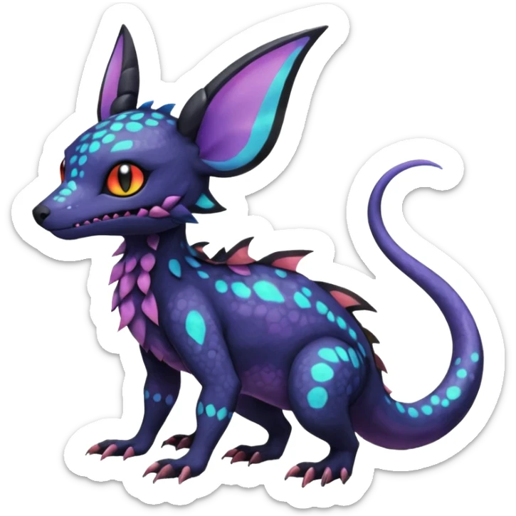 Rare epic aesthetic iridescent spooky gloomy colorful Salandit-Noibat-Eevee-Genet-species-Fakemon-hybrid-creature, with markings, full body sticker