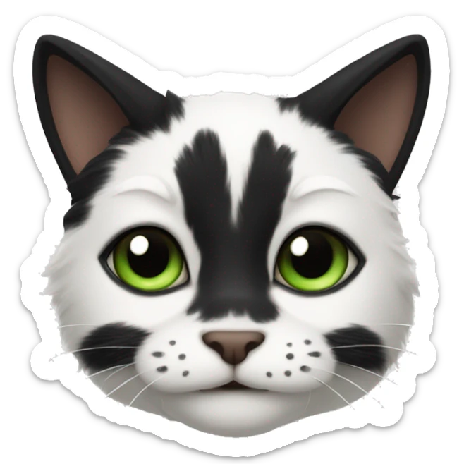 A black and white cat, his fur looks like a cow, his eyes are green sticker