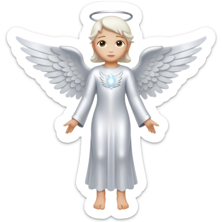 Full body, Cinematic and Ultra realistic 32k HD hauntingly beautiful Angel with Balanced features, highly detailed, glowing with silver light, high shine, remembrance, a painting of white silver, fanciful, enchanting. The image is so lifelike it could leap off the canvas at any moment sticker