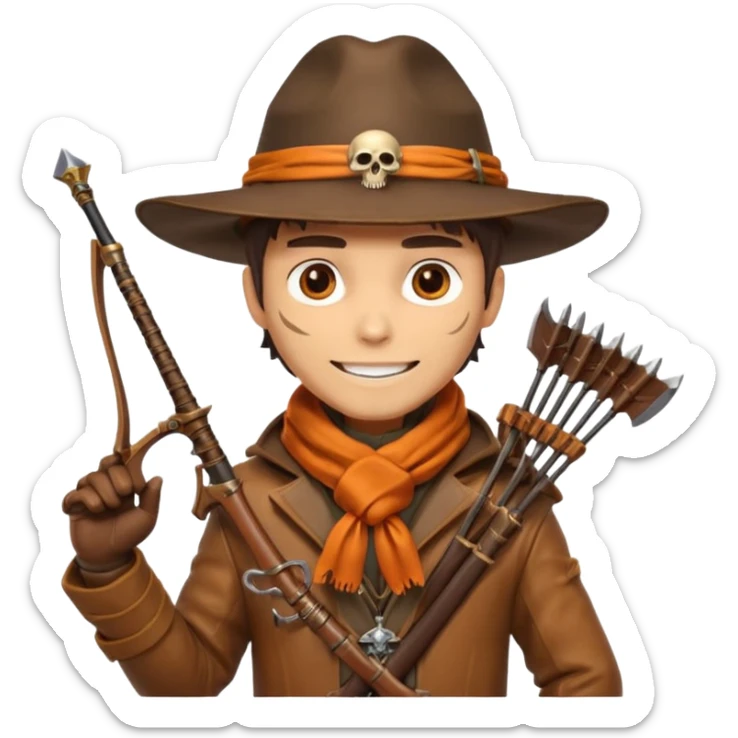 male human monster hunter emoji, wearing brown leather coat and wide hat, holding crossbow or rifle, with amulet shaped like skull, Halloween fantasy theme, confident smile, orange scarf, Apple emoji style, clean white background, square image sticker